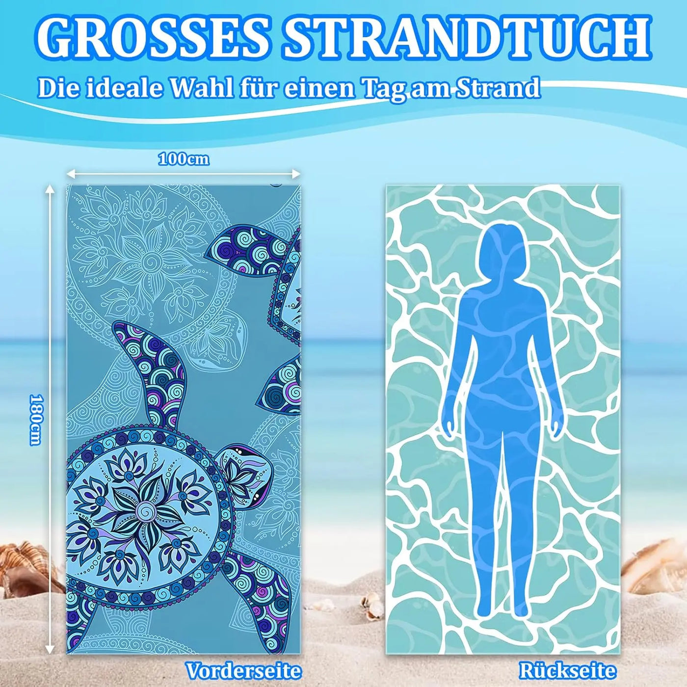 Strandhandtuch Groß - 180 x 100 cm Strandtuch Mikrofaser mit Tasche Rozenda