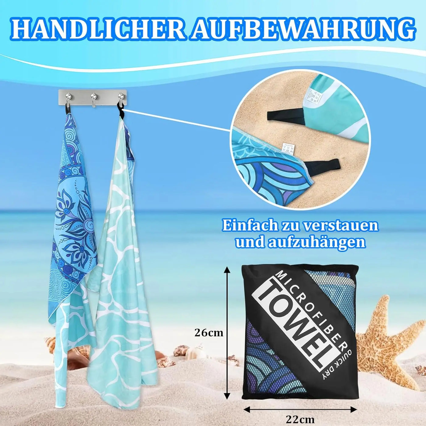 Strandhandtuch Groß - 180 x 100 cm Strandtuch Mikrofaser mit Tasche Rozenda